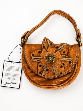 Junior Drake Italian Leather Floral Appliqué Shoulder Bag Cognac Brown Boho